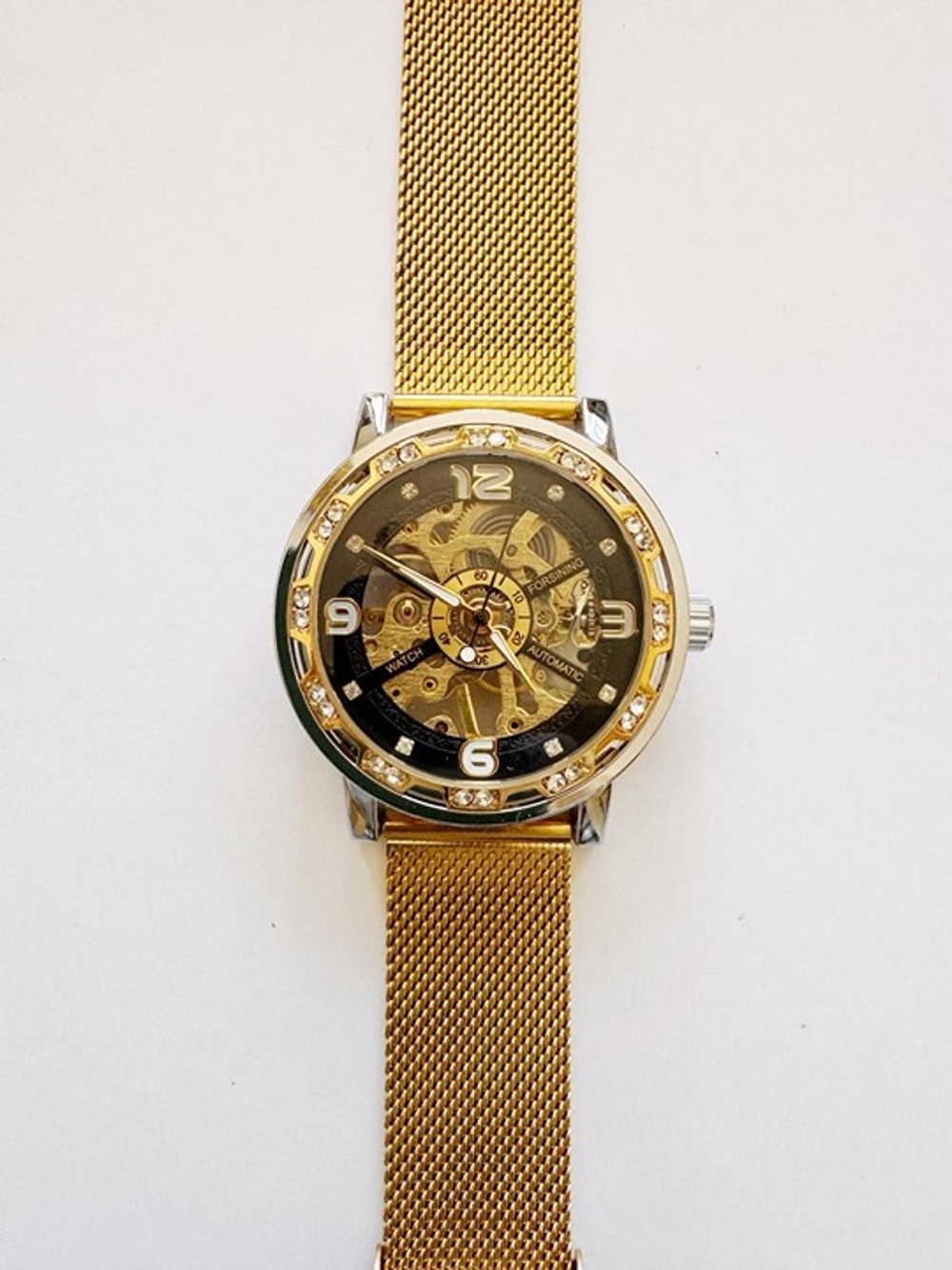 Forsining Automatic Skeleton Watch 40mm Gold Tone Mesh Band Crystal Bezel Runs